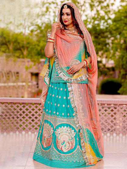 Sequence Silk Crep Wedding Sangeet Rajputi Poshak In Turquoise-61029