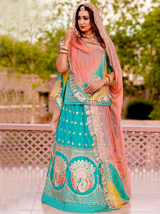 Sequence Silk Crep Wedding Sangeet Rajputi Poshak In Turquoise-61029