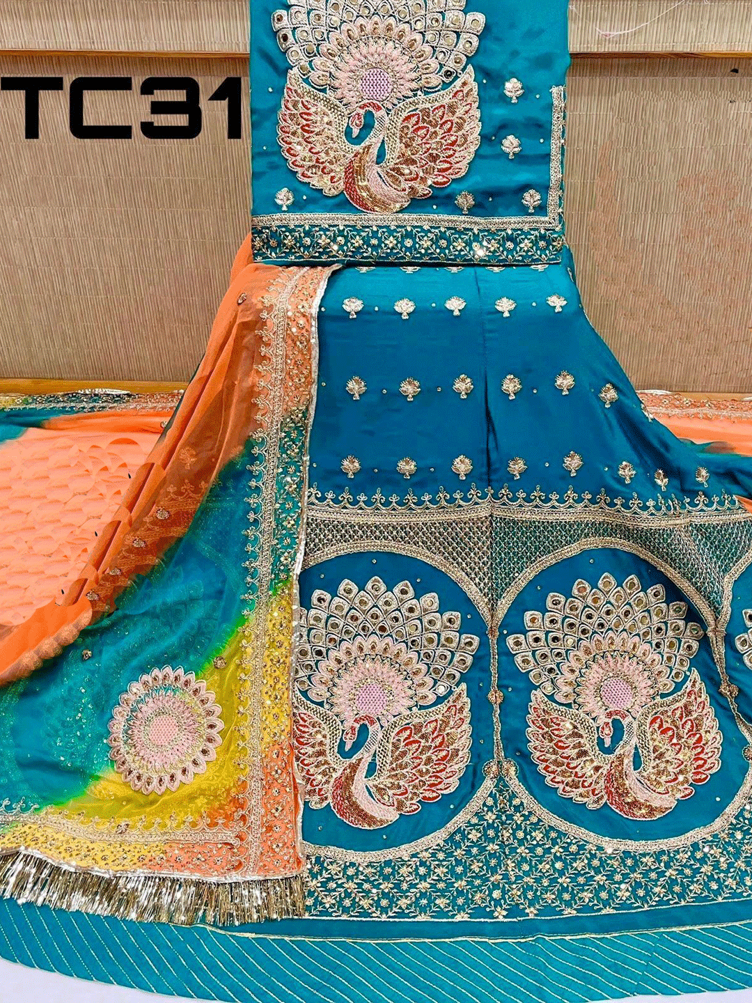 Sequence Silk Crep Wedding Sangeet Rajputi Poshak In Turquoise-61029