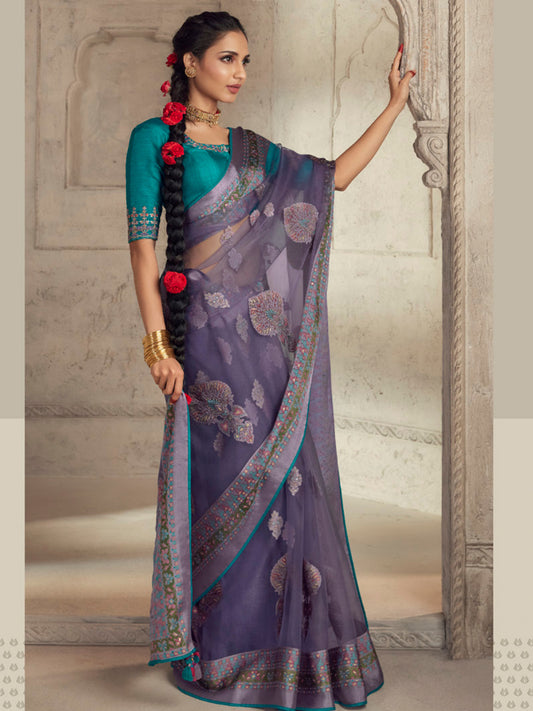 Printed Organza Silk Partywear Sangeet Saree In Blue Color-81564