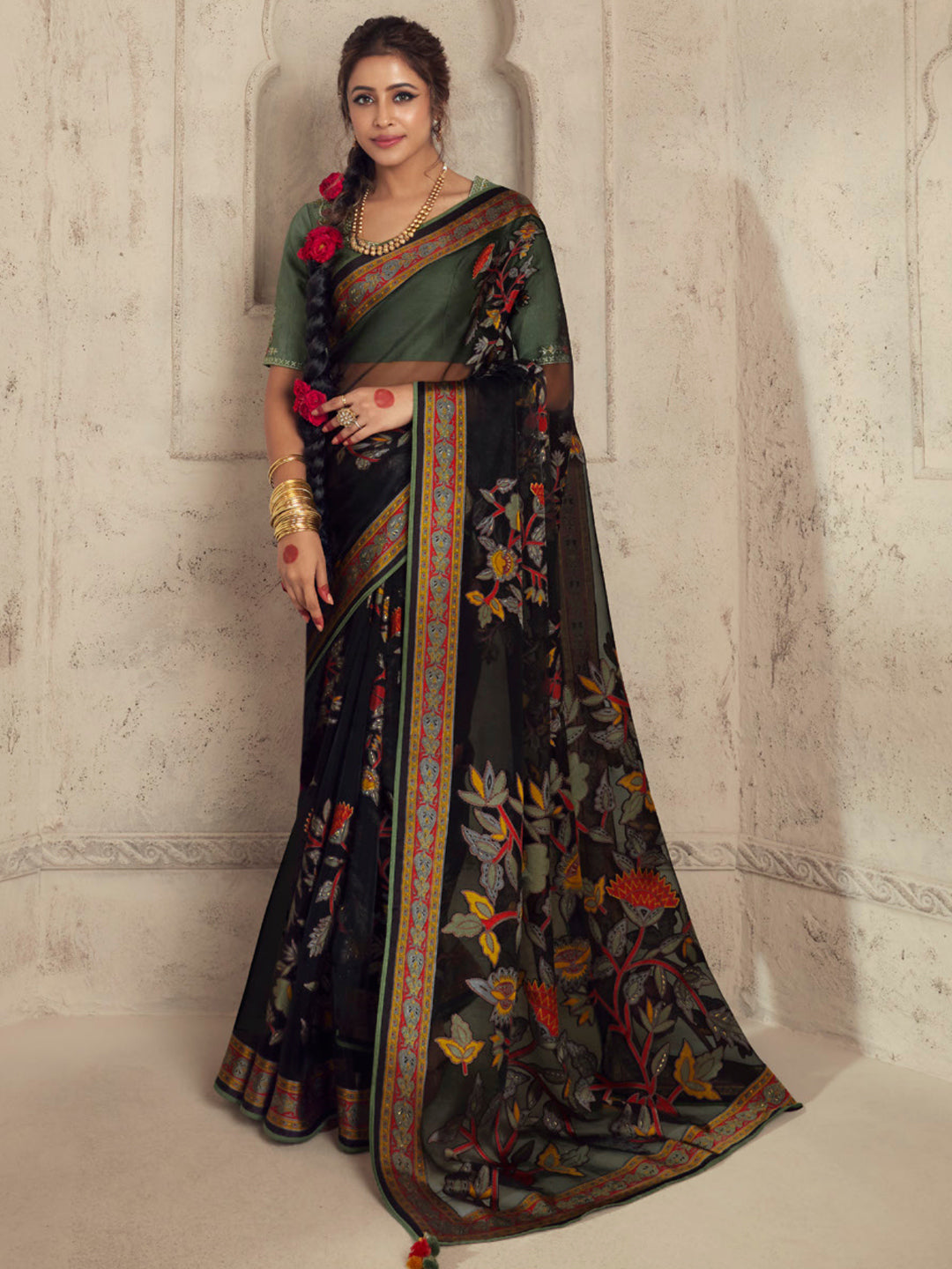 Printed Organza Silk Partywear Sangeet Saree In Black Color-81565