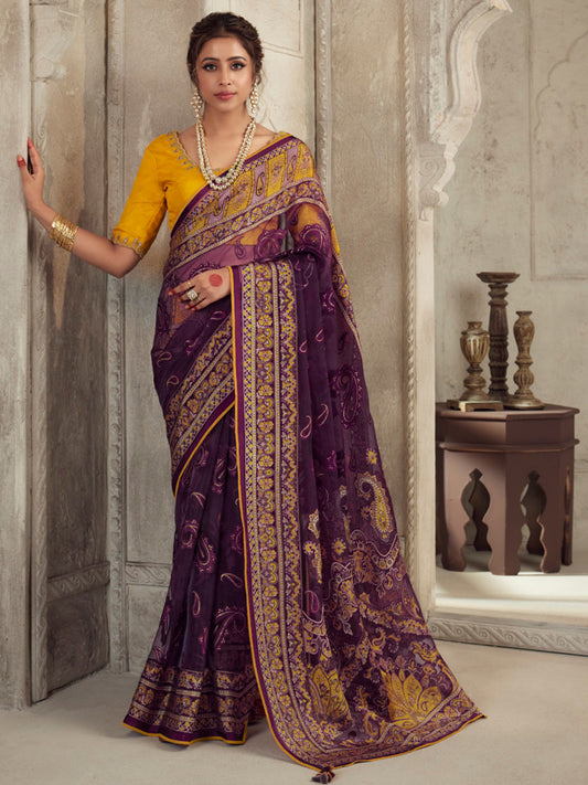 Printed Organza Silk Partywear Sangeet Saree In Purple Color-81566