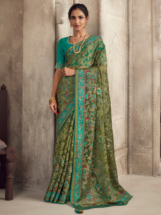 Printed Organza Silk Partywear Sangeet Saree In Green Color-81567