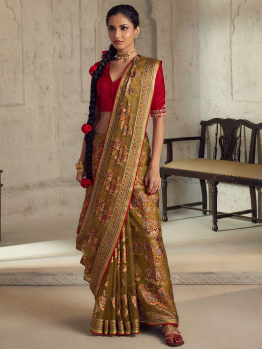 Printed Organza Silk Partywear Sangeet Saree In Yellow Color-81569