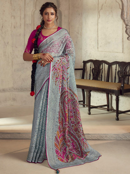 Printed Organza Silk Partywear Sangeet Saree In Grey Color-81570