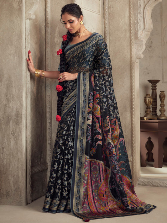 Printed Organza Silk Partywear Sangeet Saree In Grey Color-81571