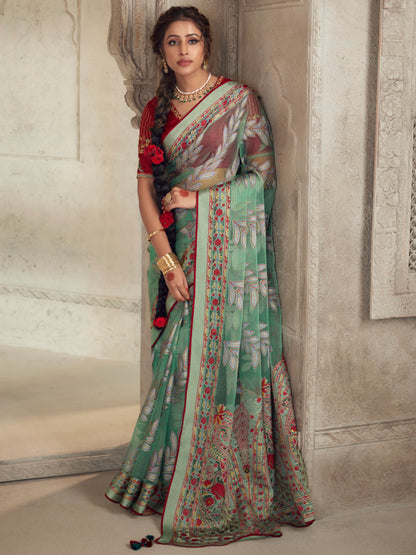 Printed Organza Silk Partywear Sangeet Saree In Green Color-81572