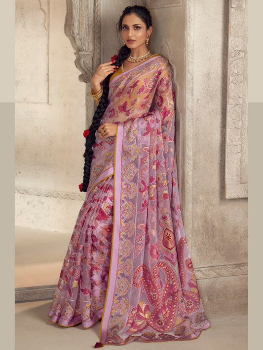 Printed Organza Silk Partywear Sangeet Saree In Pink Color-81573