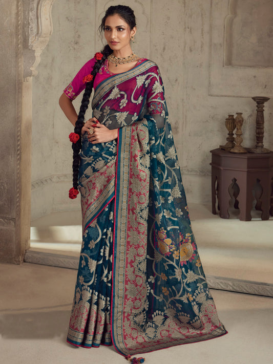 Printed Organza Silk Partywear Sangeet Saree In Blue Color-81574