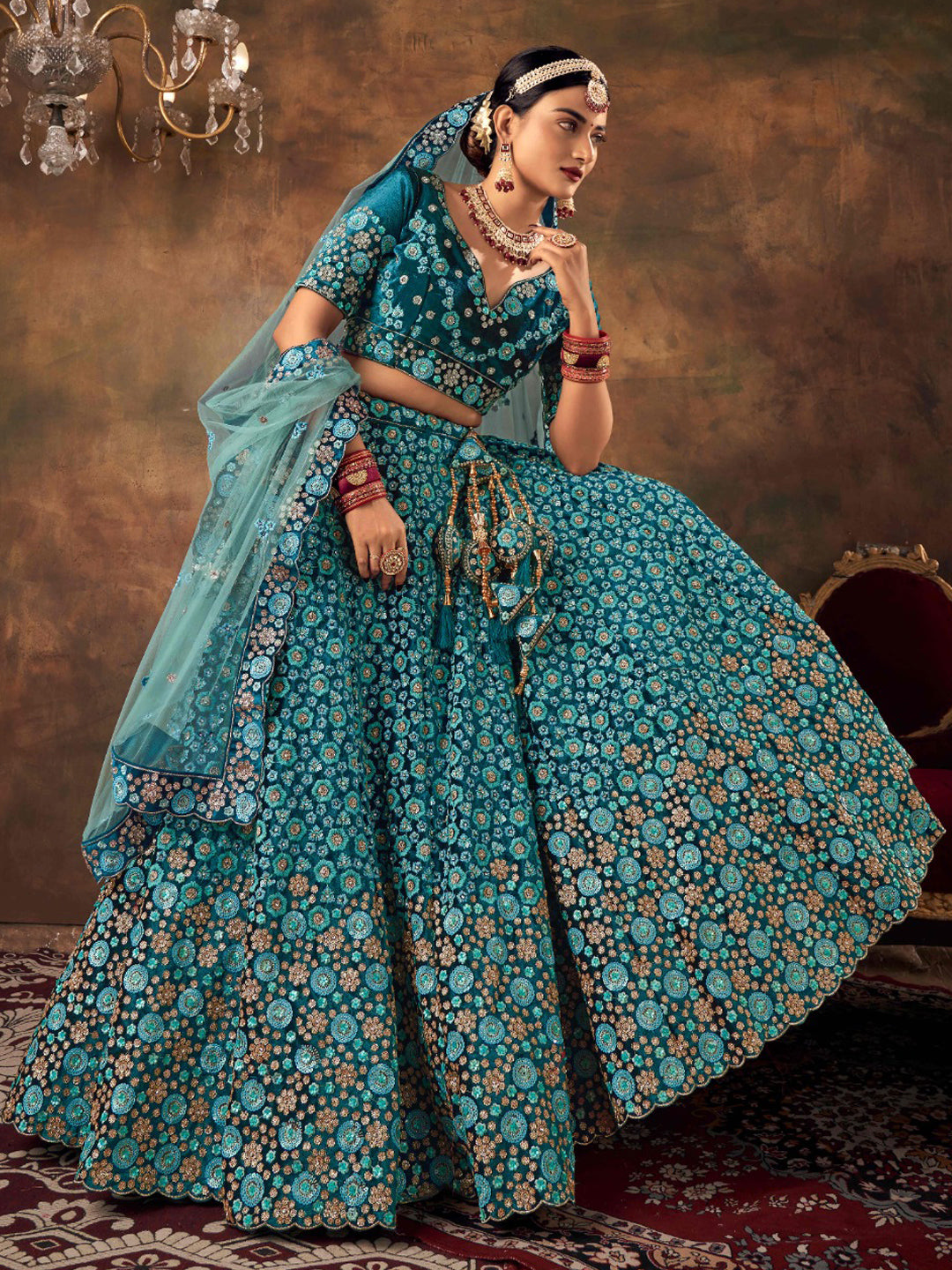 Embroidered Velvet Bridal Lehenga in Blue color-81813