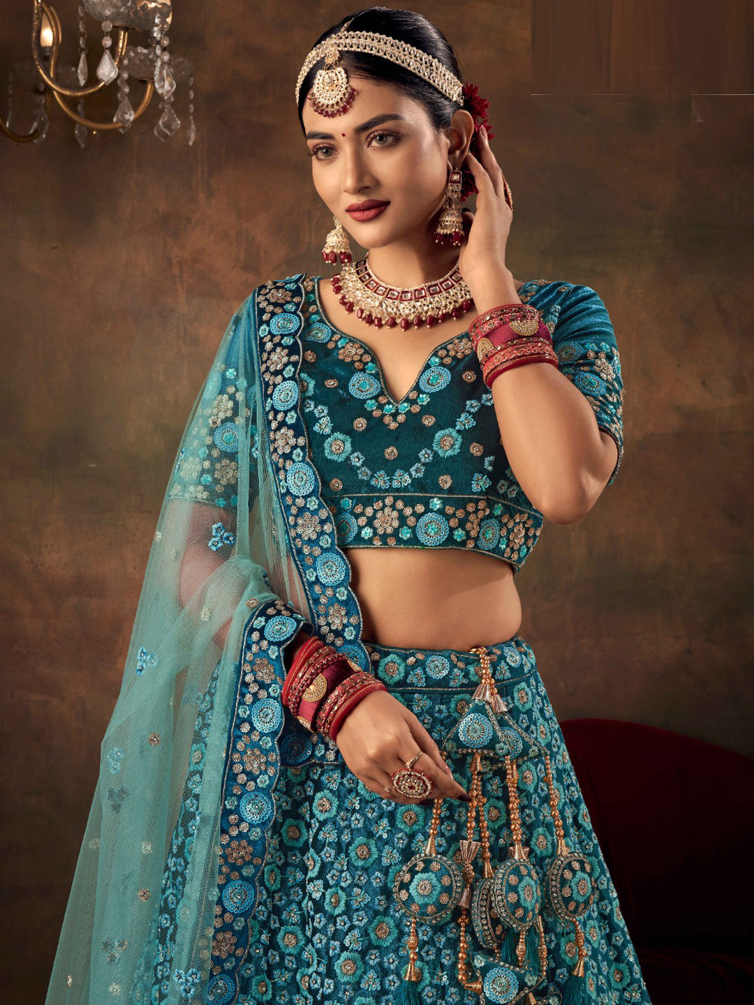 Embroidered Velvet Bridal Lehenga in Blue color-81813