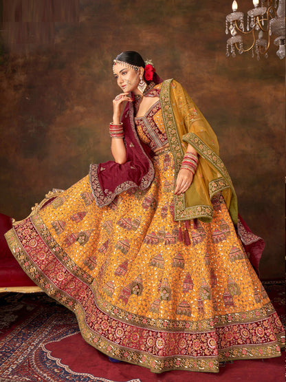 Embroidered Silk Bridal Lehenga with Double Chunni in Mustered color-81814