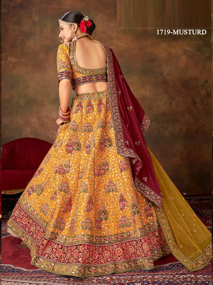 Embroidered Silk Bridal Lehenga with Double Chunni in Mustered color-81814