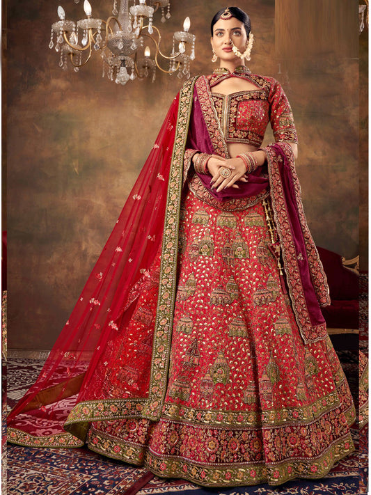 Embroidered Silk Bridal Lehenga with Double Chunni in Red color-81815