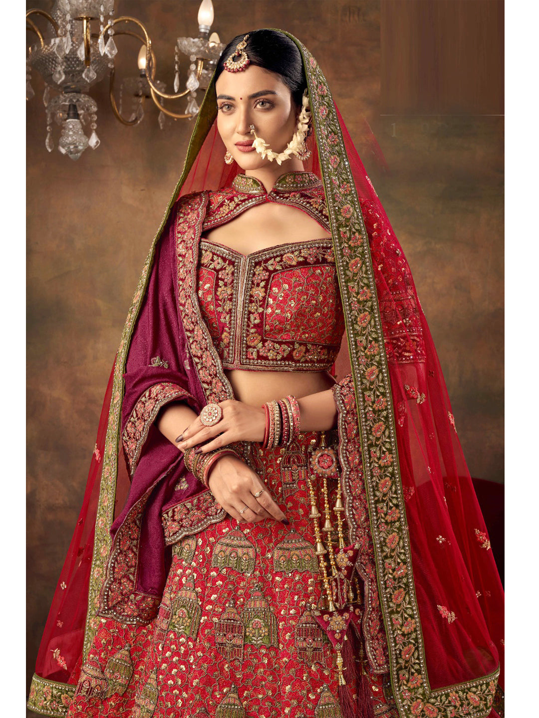 Embroidered Silk Bridal Lehenga with Double Chunni in Red color-81815