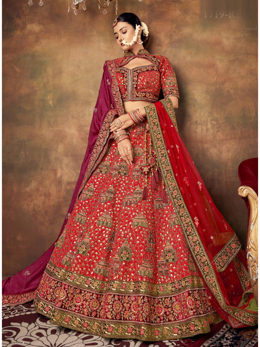 Embroidered Silk Bridal Lehenga with Double Chunni in Red color-81815