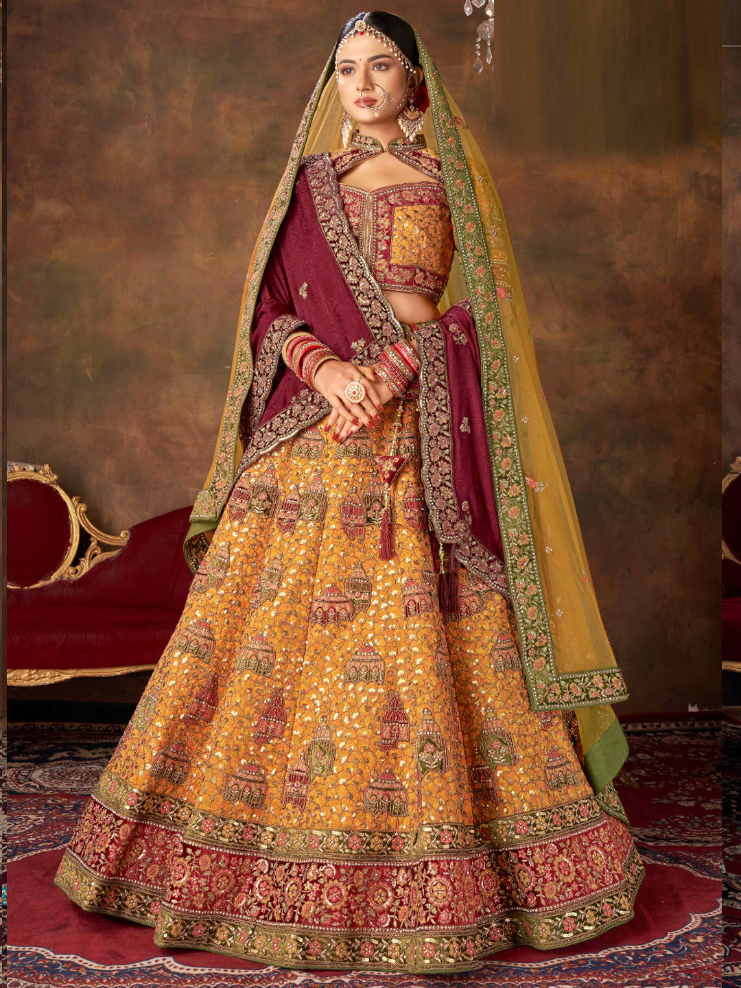 Embroidered Silk Bridal Lehenga with Double Chunni in Mustered color-81814