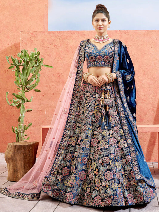 Embroidered Velvet Bridal Lehenga with Double Chunni in Blue color-81817