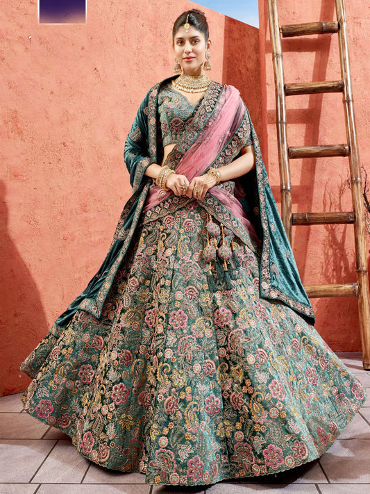 Embroidered Velvet Bridal Lehenga with Double Chunni in Blue color-81818