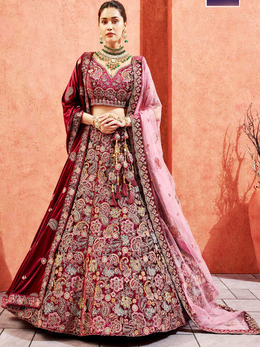Embroidered Velvet Bridal Lehenga with Double Chunni in Wine color-81819