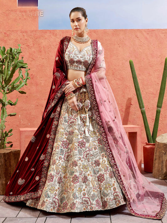 Embroidered Velvet Bridal Lehenga with Double Chunni in White color-81820