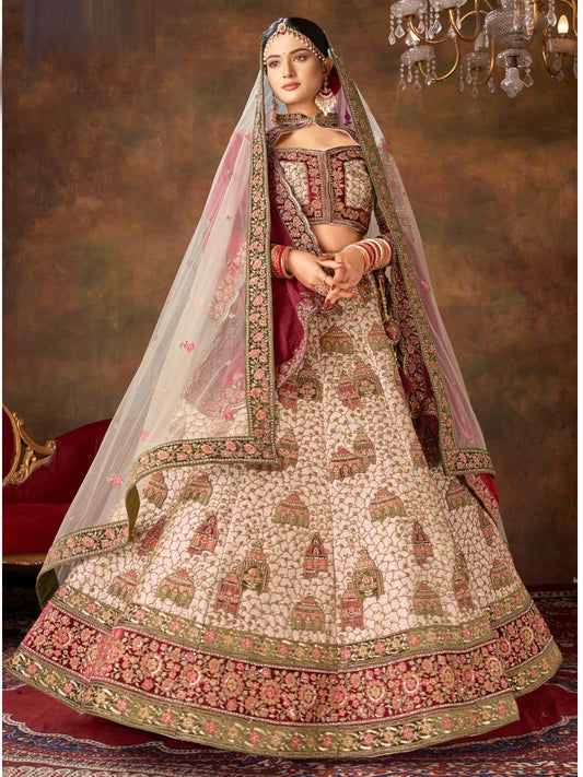 Embroidered Silk Bridal Lehenga with Double Chunni in off white color-81816