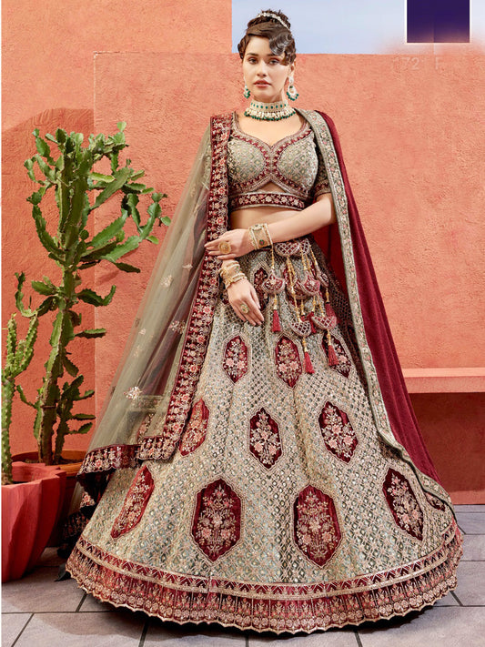 Embroidered Velvet Bridal Lehenga with Double Chunni in Pista Green color-81822