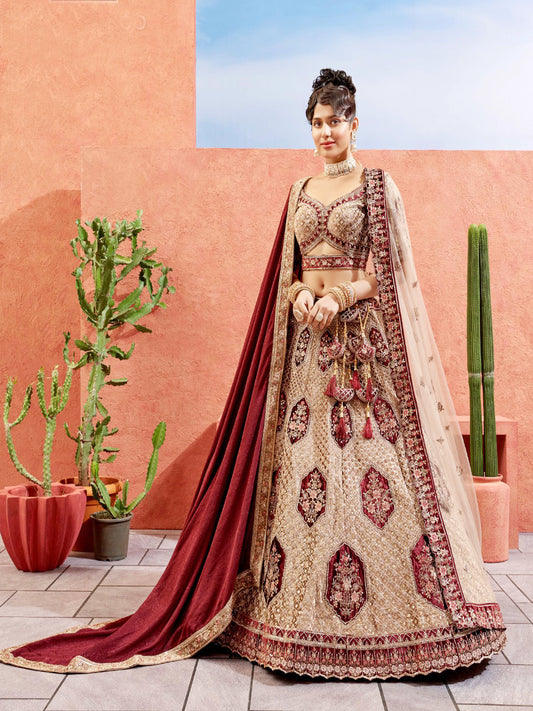 Embroidered Velvet Bridal Lehenga with Double Chunni in White color-81821
