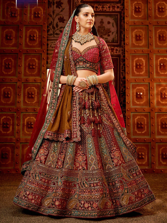 Embroidered Velvet Bridal Lehenga with Double Chunni in Maroon color-81823