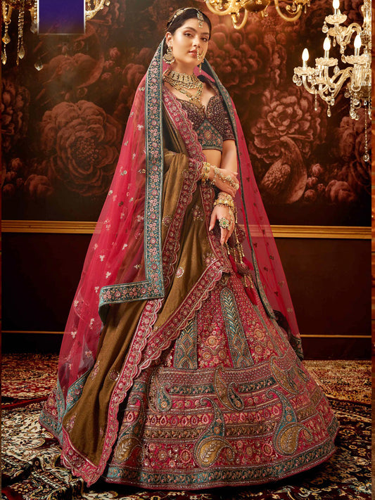 Embroidered Velvet Bridal Lehenga with Double Chunni in Rani color-81824