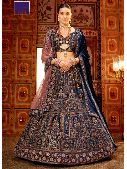 Embroidered Velvet Bridal Lehenga with Double Chunni in Blue color-81825