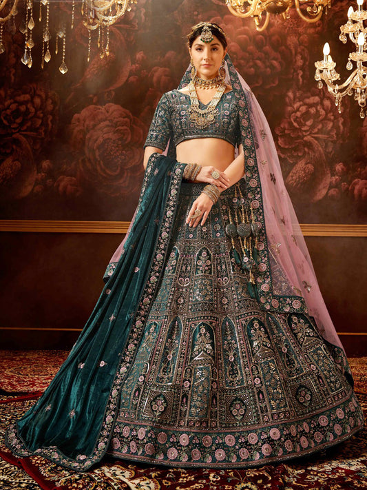 Embroidered Velvet Bridal Lehenga with Double Chunni in Green color-81826
