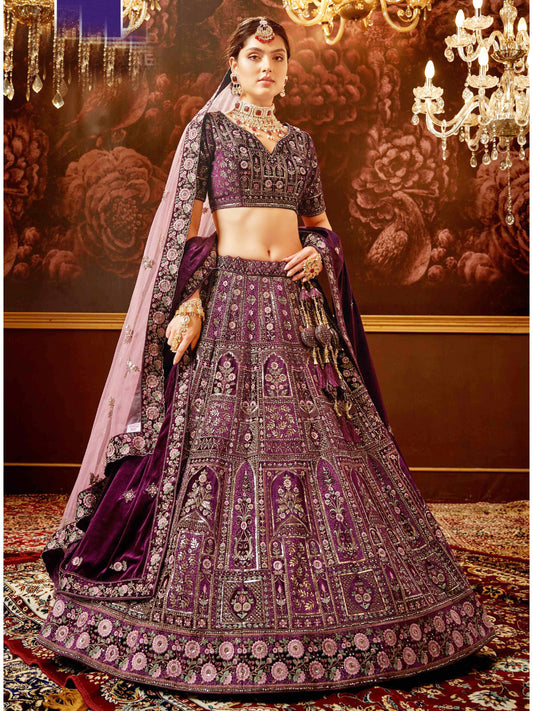 Embroidered Velvet Bridal Lehenga with Double Chunni in Wine color-81827