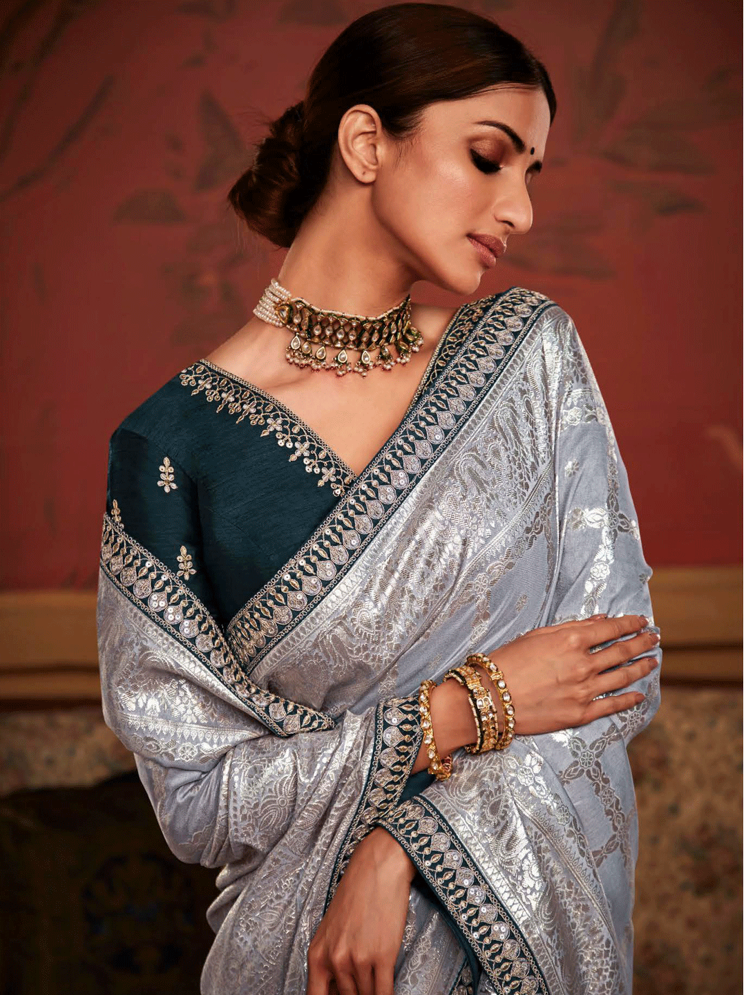 Embroidered Designer Pure Dola Silk Bridal Traditional Saree In Silver Saundaryam Fashions