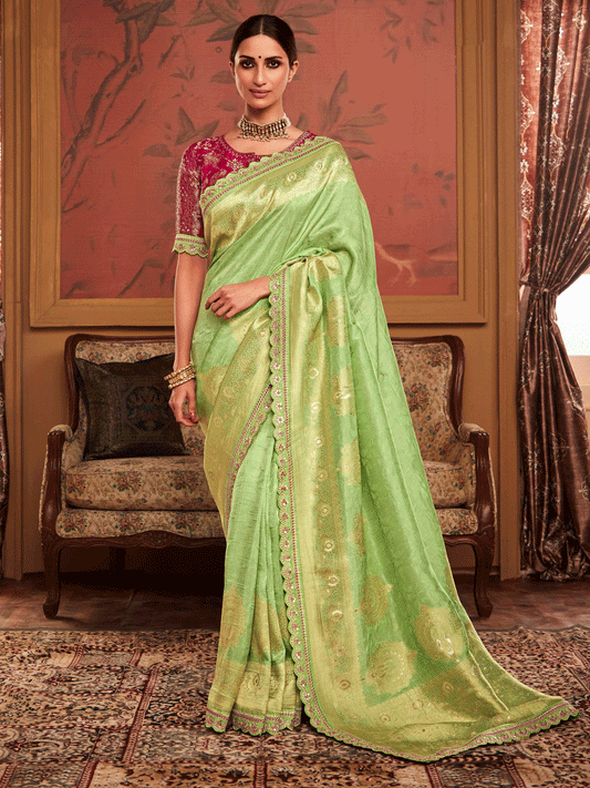 Embroidered Designer Pure Dola Silk Bridal Traditional Saree In Pink