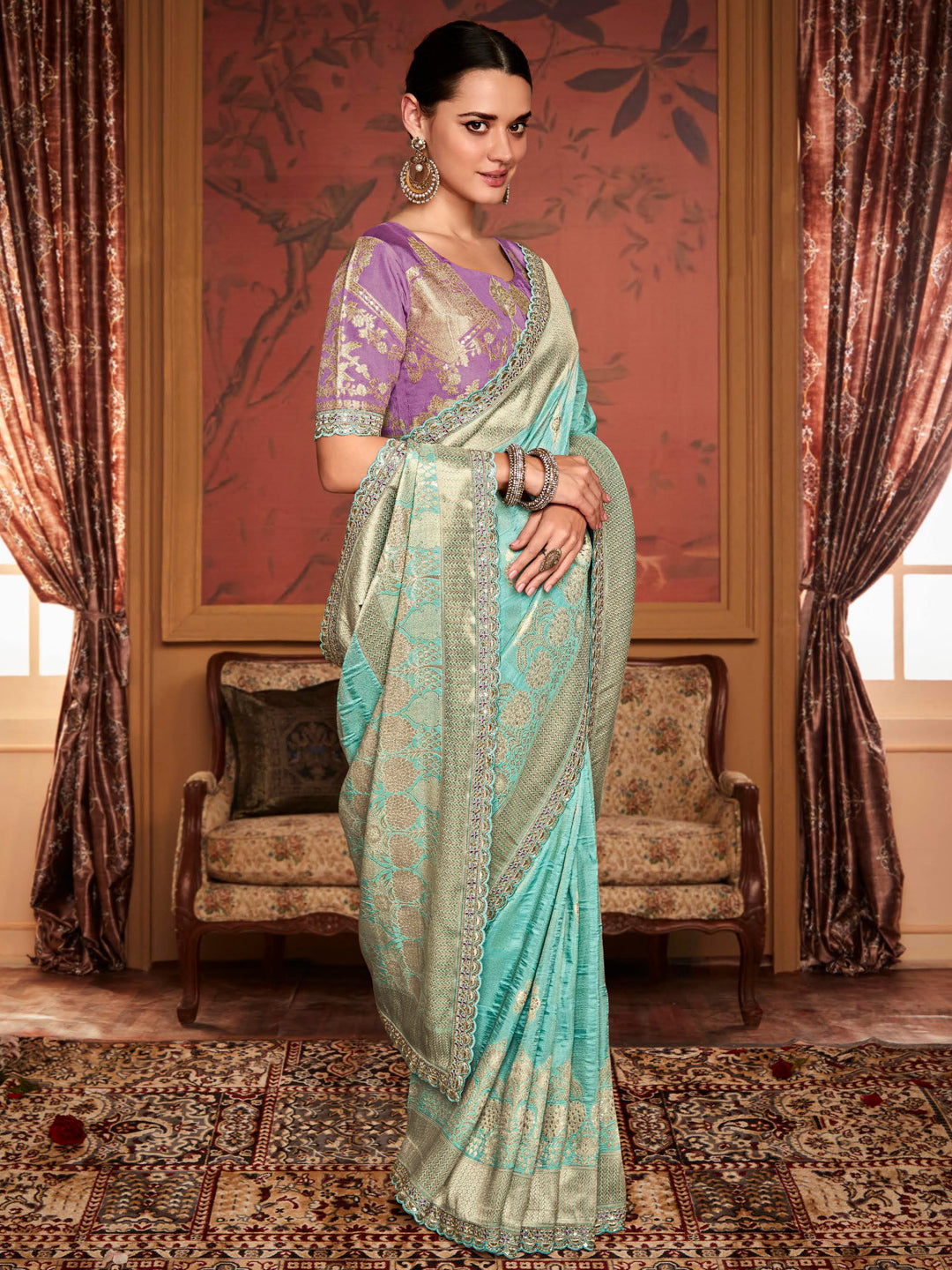 Embroidered Designer Pure Dola Silk Bridal Traditional Saree In Blue