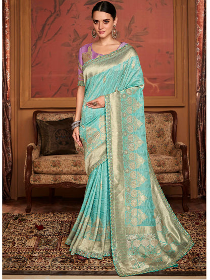 Embroidered Designer Pure Dola Silk Bridal Traditional Saree In Blue