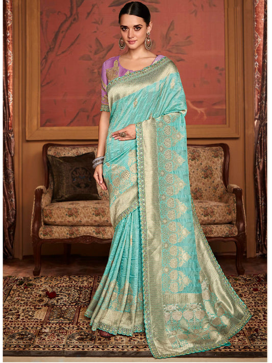 Embroidered Designer Pure Dola Silk Bridal Traditional Saree In Blue