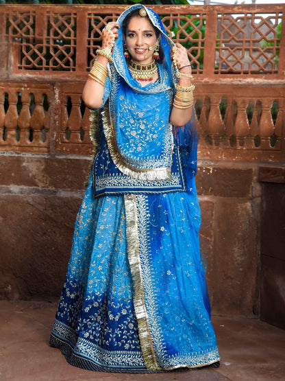 Sequence Upada Creap Bridal Wedding Rajputi Poshak In Blue Color-61065