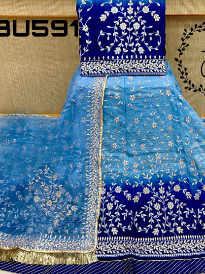 Sequence Upada Creap Bridal Wedding Rajputi Poshak In Blue Color-61065