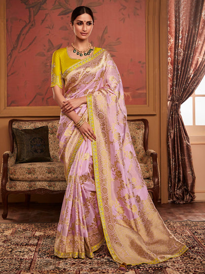 Embroidered Designer Pure Dola Silk Bridal Traditional Saree In Purple