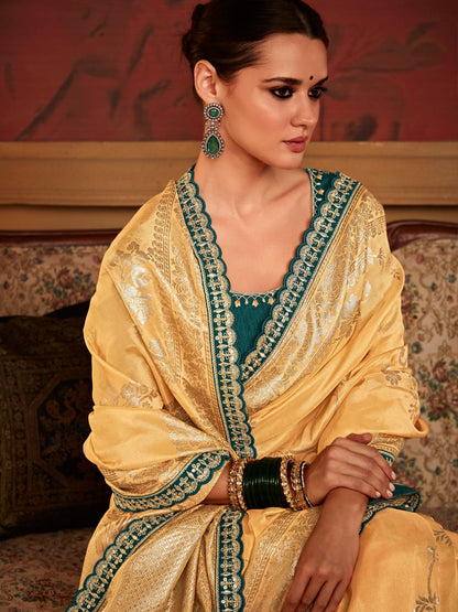 Embroidered Designer Pure Dola Silk Bridal Traditional Saree In Gold-1