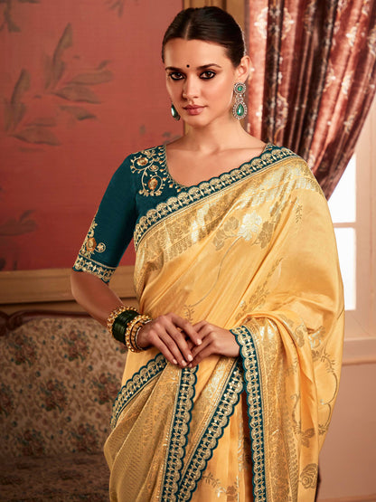 Embroidered Designer Pure Dola Silk Bridal Traditional Saree In Gold-1