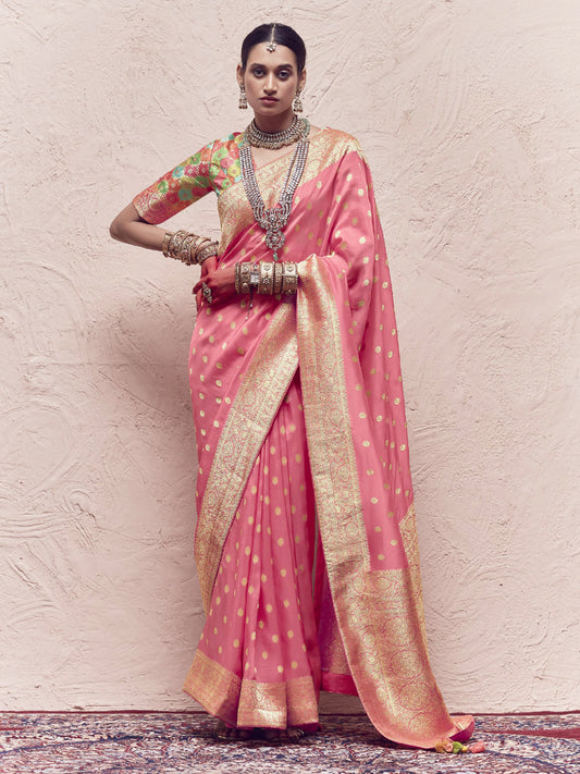 Heavy Viewing Designer Pure Crepe Dola Silk Bridal Traditional Saree In Pink-81359
