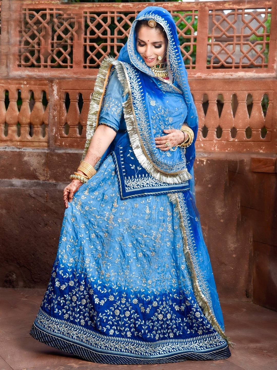 Sequence Upada Creap Bridal Wedding Rajputi Poshak In Blue Color-61065