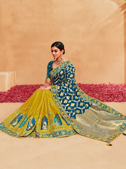 Embroidered Silk Traditional Saree In Blue and Yellow