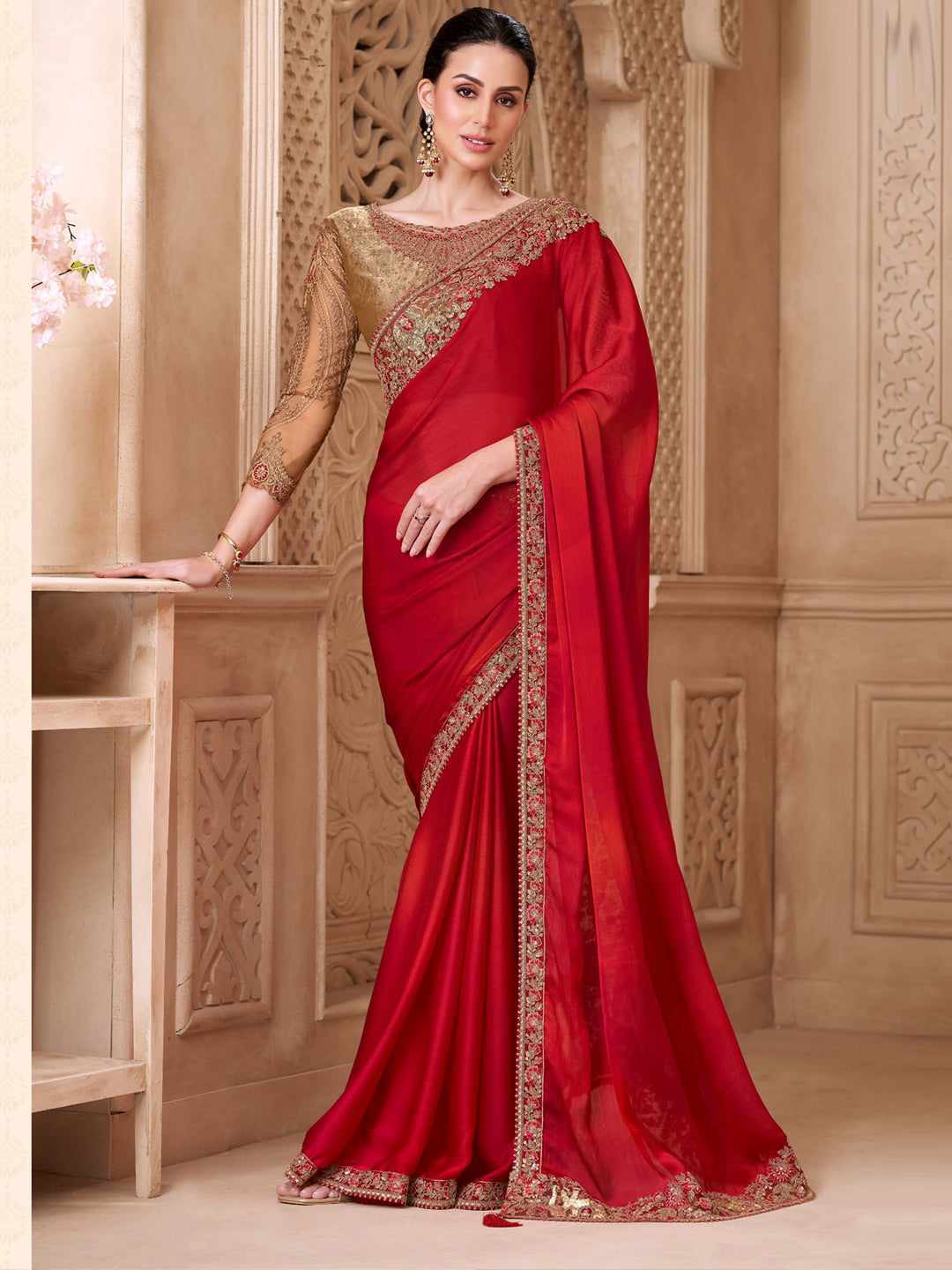 Blooming Red sartin Silk With Brocade Silk Blouse saree In red color-32001
