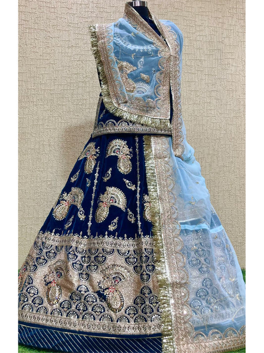 Velvet Humrahi Pure Wedding Sangeet Sequence work Rajputi Poshak In Blue Colour-61035