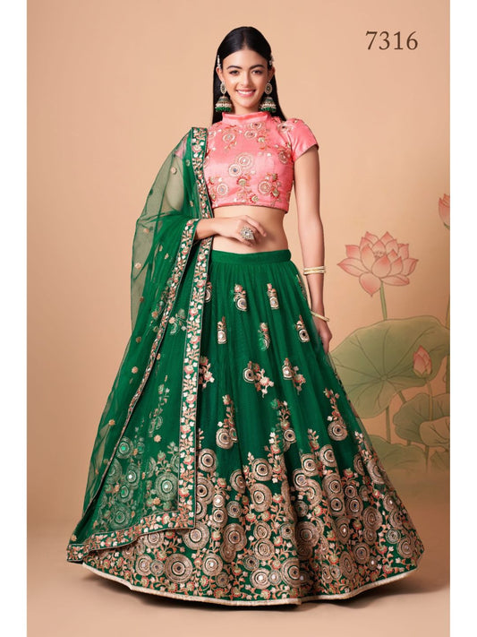 Sequence Net Bollywood A Line Lehenga in Green