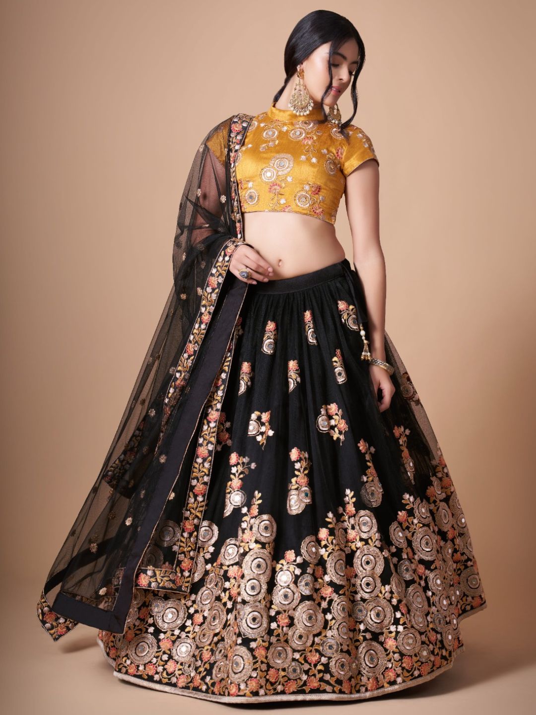 Sequence Net Bollywood A Line Lehenga in Black